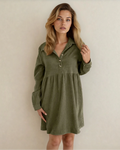 Abigail Corduroy Half Button Collared Long Sleeve Dress - Green