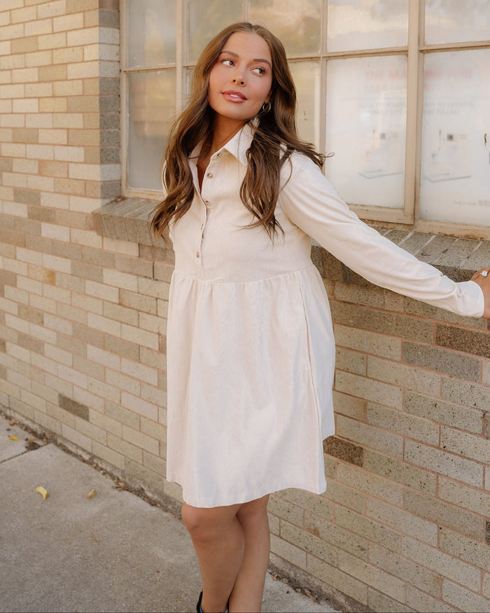 Abigail Corduroy Half Button Collared Long Sleeve Dress - Oatmeal
