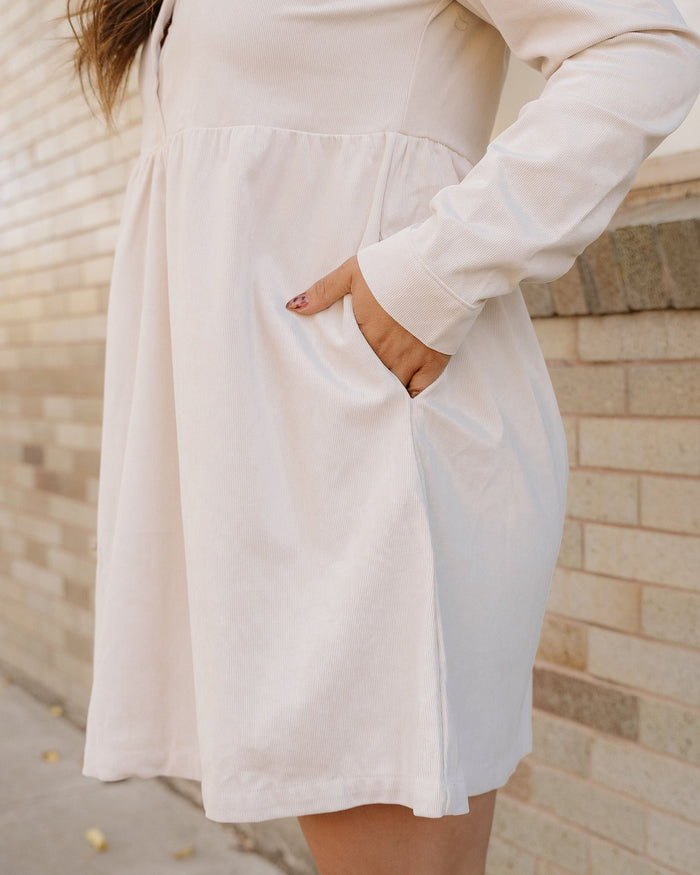 Abigail Corduroy Half Button Collared Long Sleeve Dress - Oatmeal