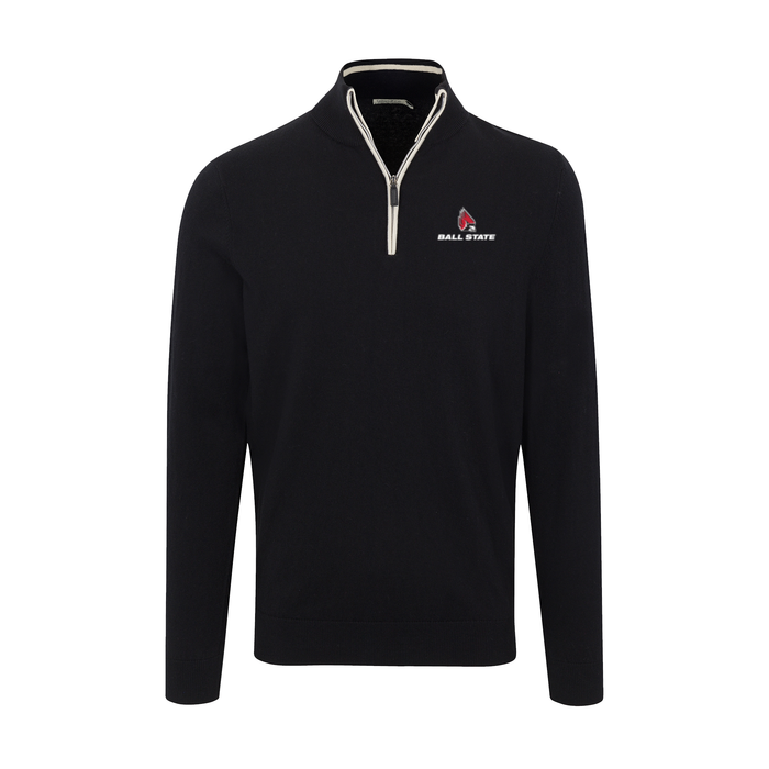 Ball State Black with White Trim Luxury Touch Cotton and Cashmere Quarter Zip Sweater