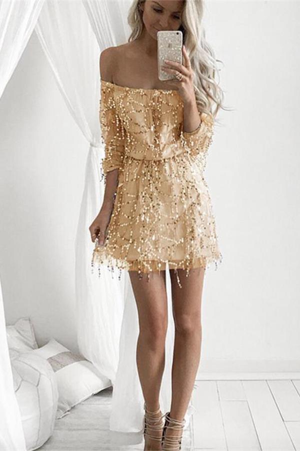 Beaded Off Shoulder Long Sleeve Graduation Dresses Homecoming Dresses