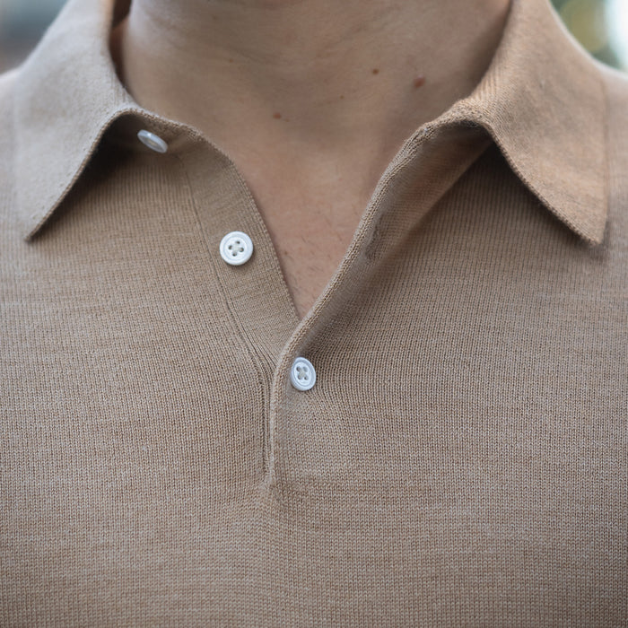 Bellagio Three Button Long Sleeve Merino Polo Camel