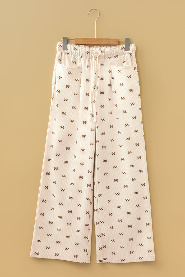 Bow Corduroy Drawstring Elastic Waist Pants