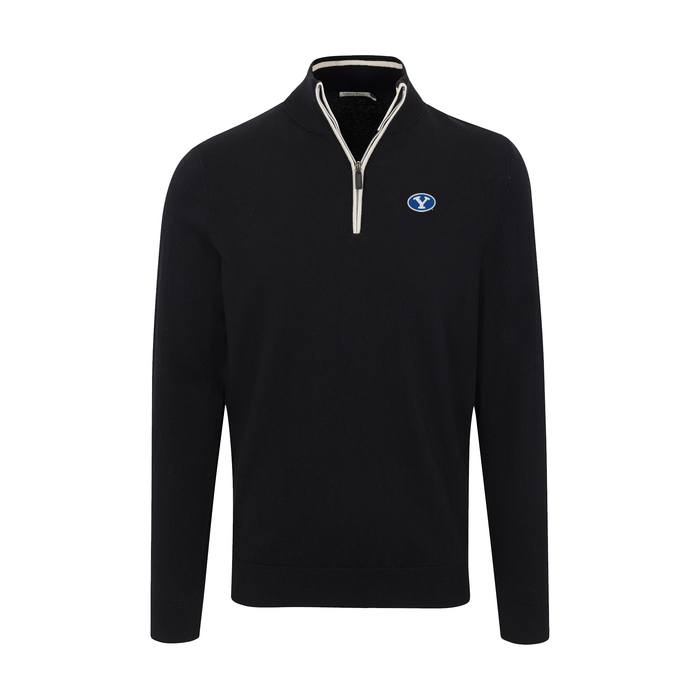 BYU Black with White Trim Luxury Touch Cotton and Cashmere Quarter Zip Sweater