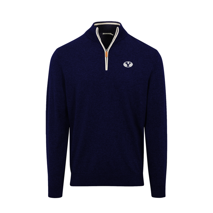 BYU Navy with White Trim Luxury Touch Cotton and Cashmere Quarter Zip Sweater