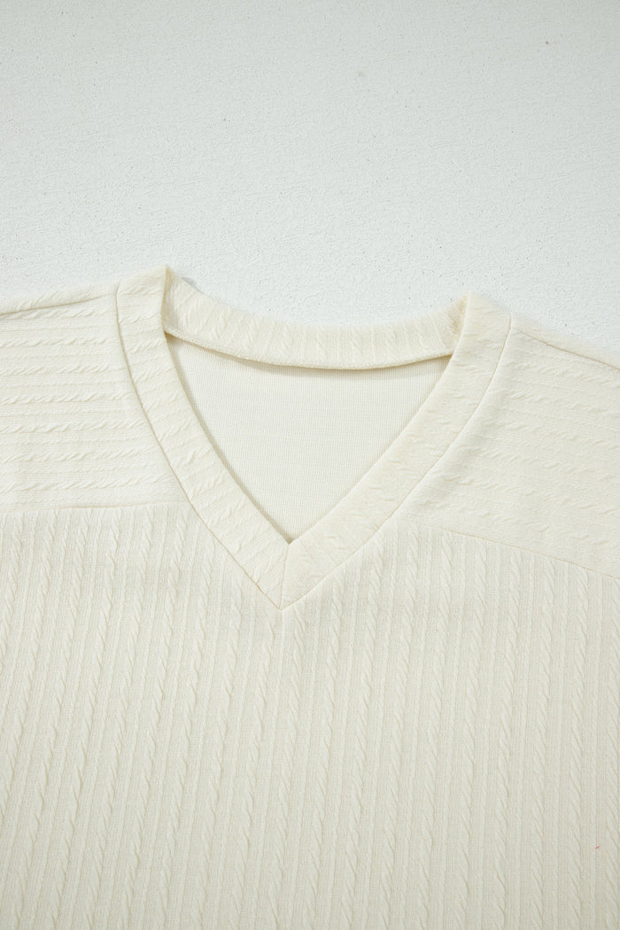 Cable Knit Textured V-Neck Short Sleeve T-Shirt