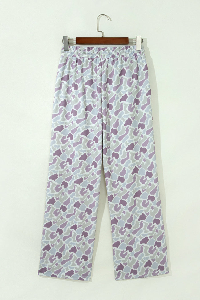 Camo Drawstring High Waist Wide Leg Pants