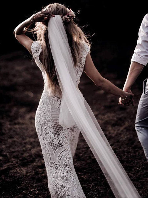 Cap Sleeve Sheath Boho Wedding Dresses Vintage Lace Rustic Wedding Dress,MW314