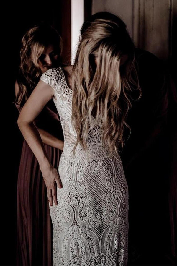 Cap Sleeve Sheath Boho Wedding Dresses Vintage Lace Rustic Wedding Dress,MW314