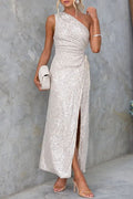 Celebrities Formal Solid Sequins Draw String Slit Oblique Collar Evening Dress Dresses