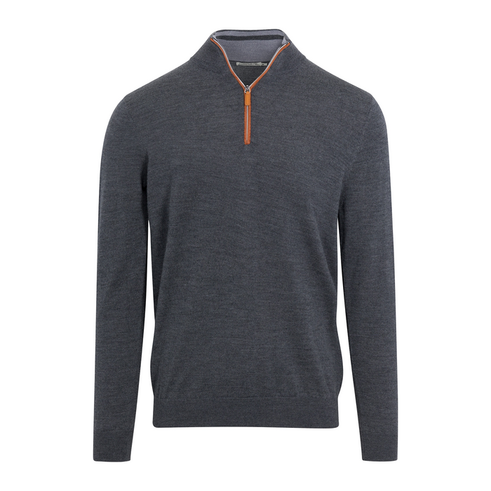 Charcoal with Brown Suede Trim Cashmere Touch Australian Merino Quarter Zip Sweater