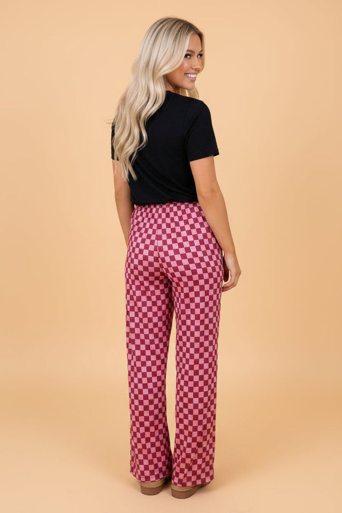 Checker Elastic Waist Wide Leg Pants