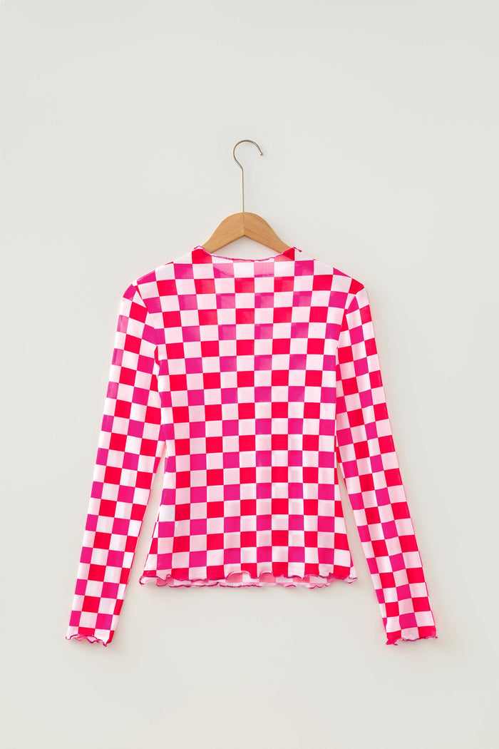 Checker Sheer Mesh Long Sleeve Blouse