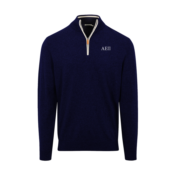 Collars & Co. Alpha Epsilon Pi Navy with White Trim Luxury Touch Cotton and Cashmere Quarter Zip Sweater