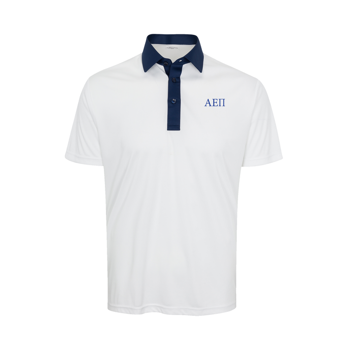 Collars & Co. Alpha Epsilon Pi Semi-Spread Collar Polo Austin White with Navy Accent