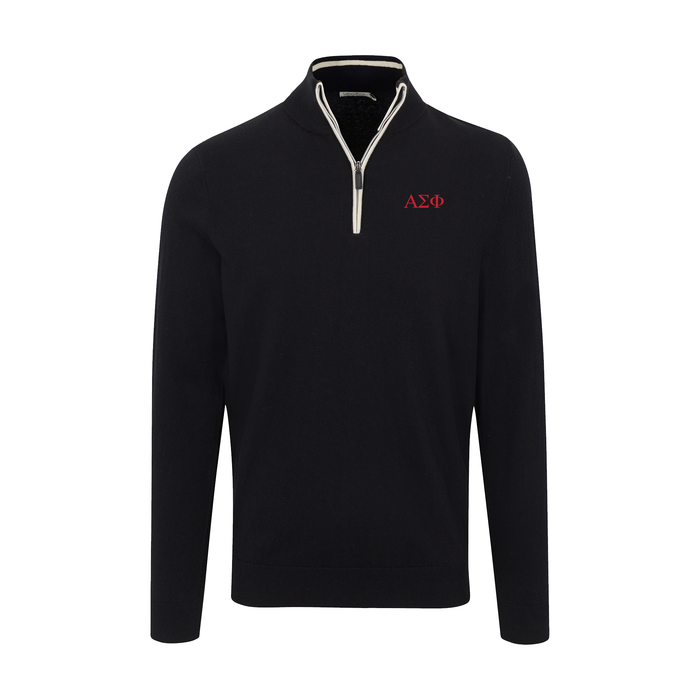 Collars & Co. Alpha Sigma Phi Black with White Trim Luxury Touch Cotton and Cashmere Quarter Zip Sweater