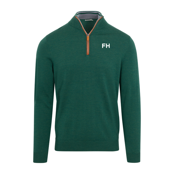 Collars & Co. FarmHouse Hunter Green with Brown Suede Trim Cashmere Touch Australian Merino Quarter Zip Sweater