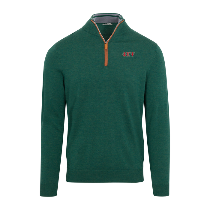 Collars & Co. Phi Kappa Psi Hunter Green with Brown Suede Trim Cashmere Touch Australian Merino Quarter Zip Sweater