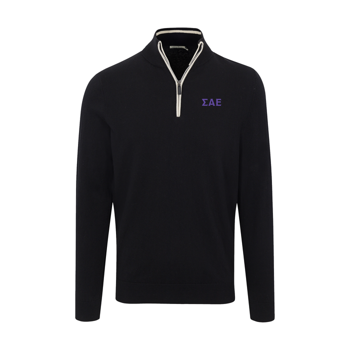 Collars & Co. Sigma Alpha Epsilon Black with White Trim Luxury Touch Cotton and Cashmere Quarter Zip Sweater