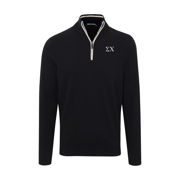 Collars & Co. Sigma Chi Black with White Trim Luxury Touch Cotton and Cashmere Quarter Zip Sweater