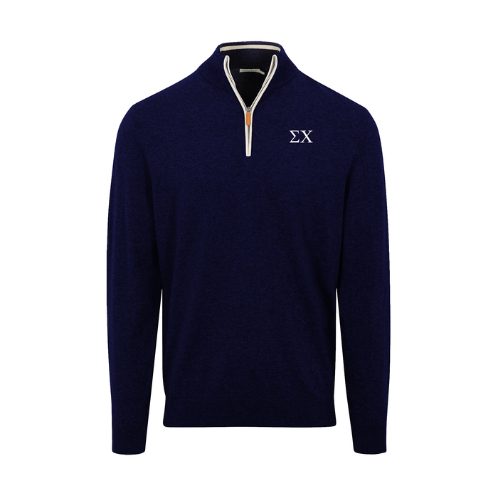Collars & Co. Sigma Chi Navy with White Trim Luxury Touch Cotton and Cashmere Quarter Zip Sweater