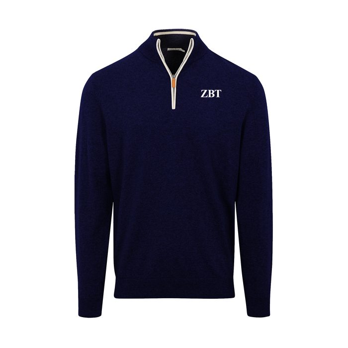 Collars & Co. Zeta Beta Tau Navy with White Trim Luxury Touch Cotton and Cashmere Quarter Zip Sweater