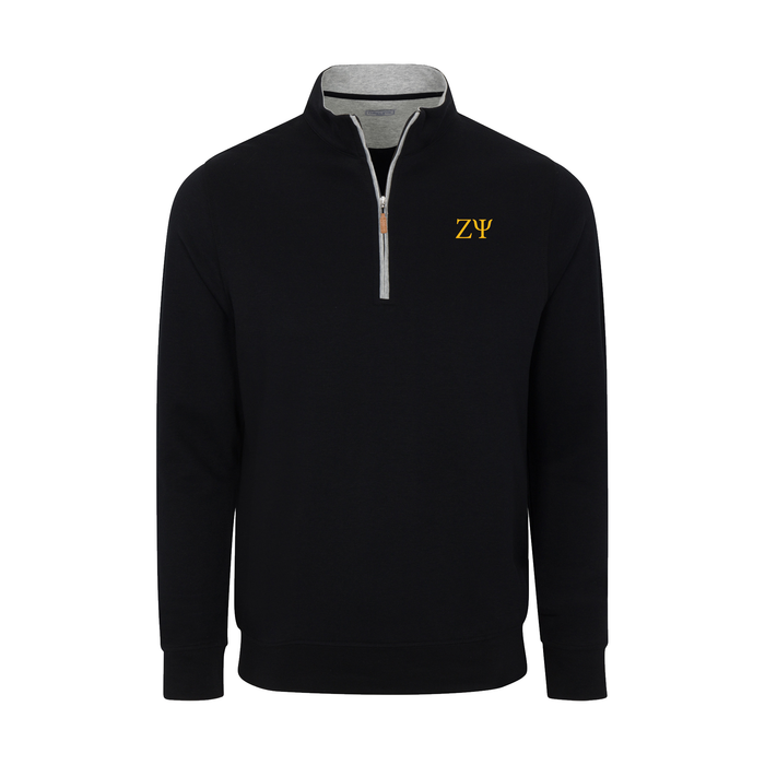 Collars & Co. Zeta Psi Heather Cloud Cotton Quarter Zip Pullover Black with Light Grey Trim