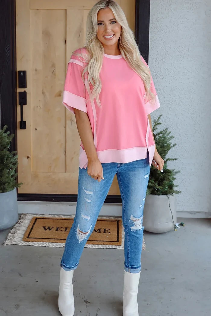 Colorblock 3/4 Sleeve Raw Seam High-Low Top