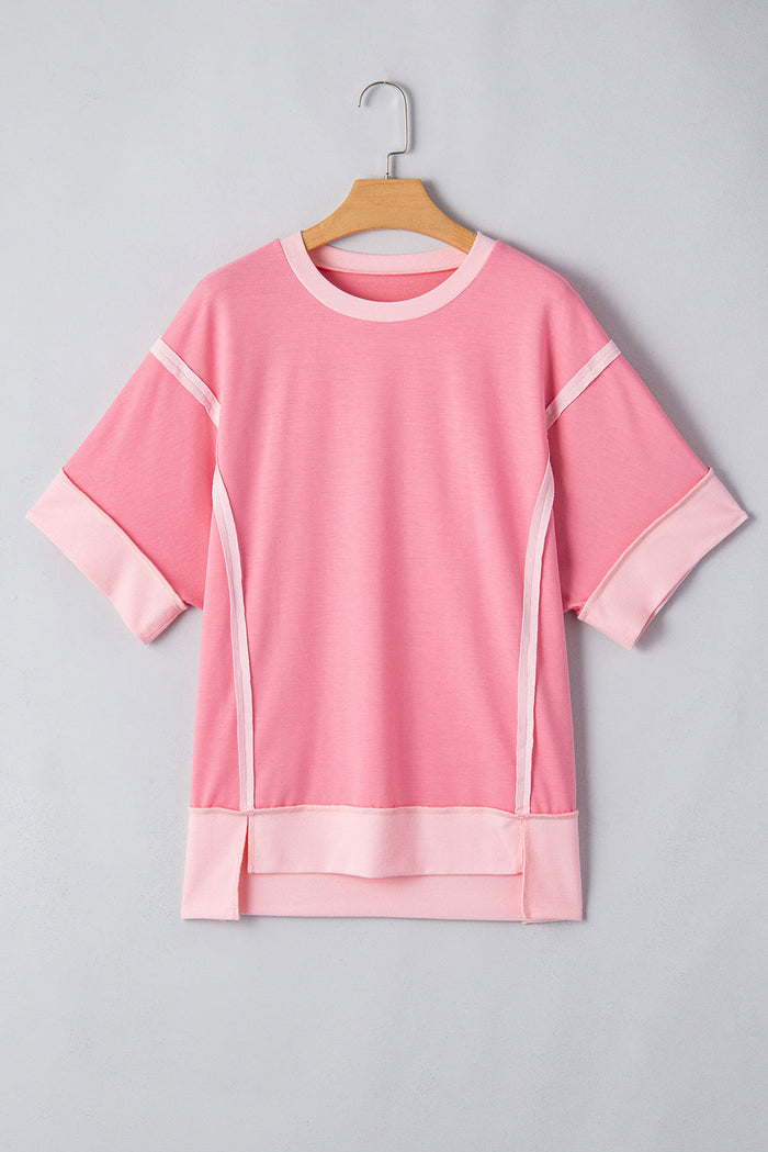 Colorblock 3/4 Sleeve Raw Seam High-Low Top