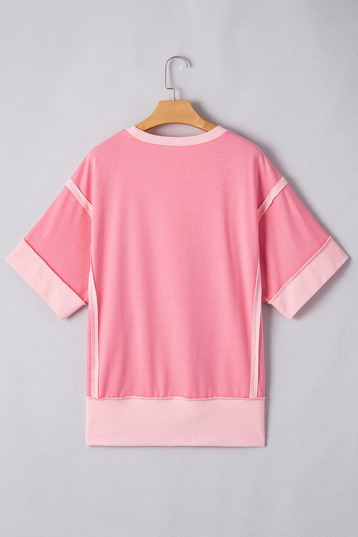 Colorblock 3/4 Sleeve Raw Seam High-Low Top