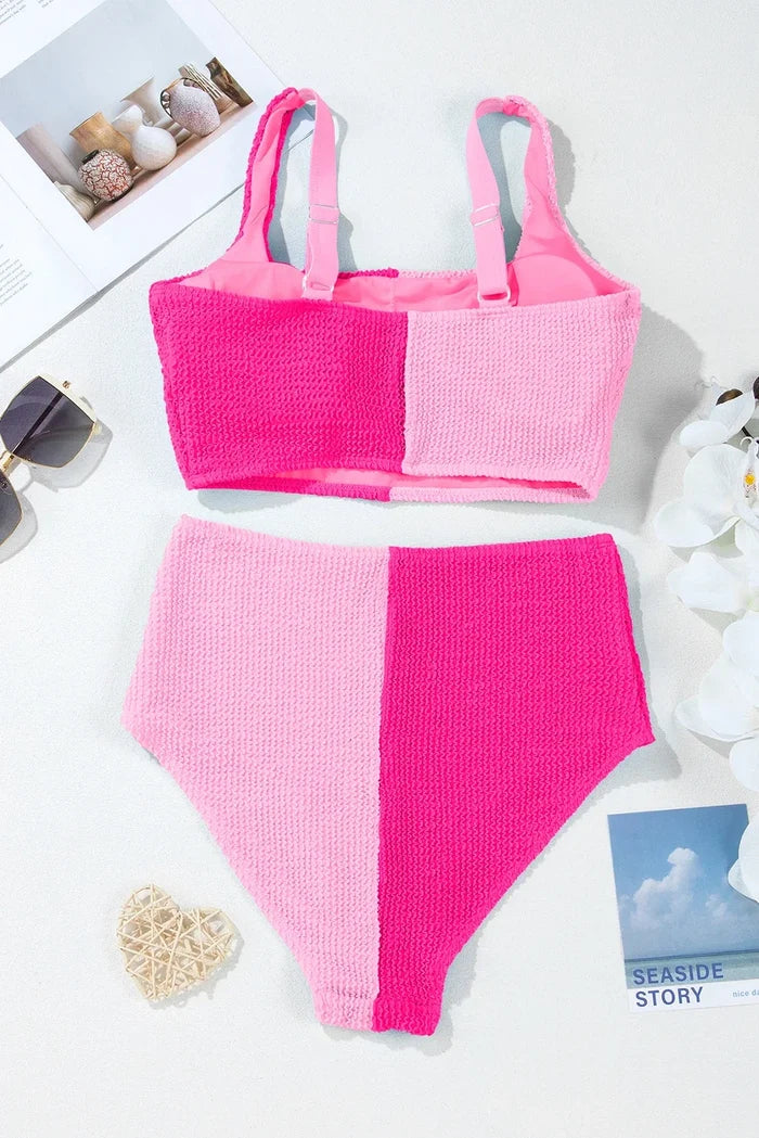 Colorblock Corded Top & High Waist Bikini Set