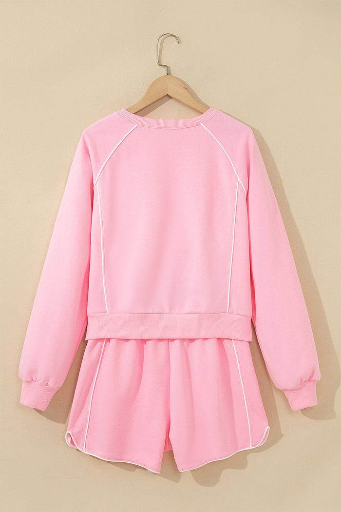 Contrast Trim Long Sleeve Pullover & Shorts Set