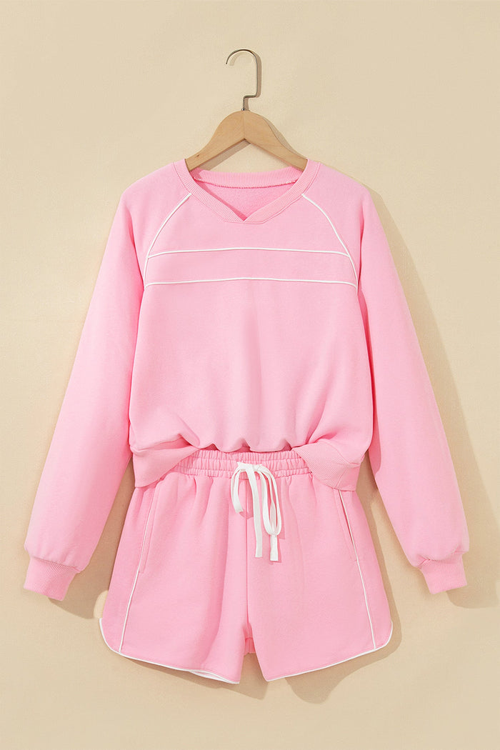 Contrast Trim Long Sleeve Pullover & Shorts Set