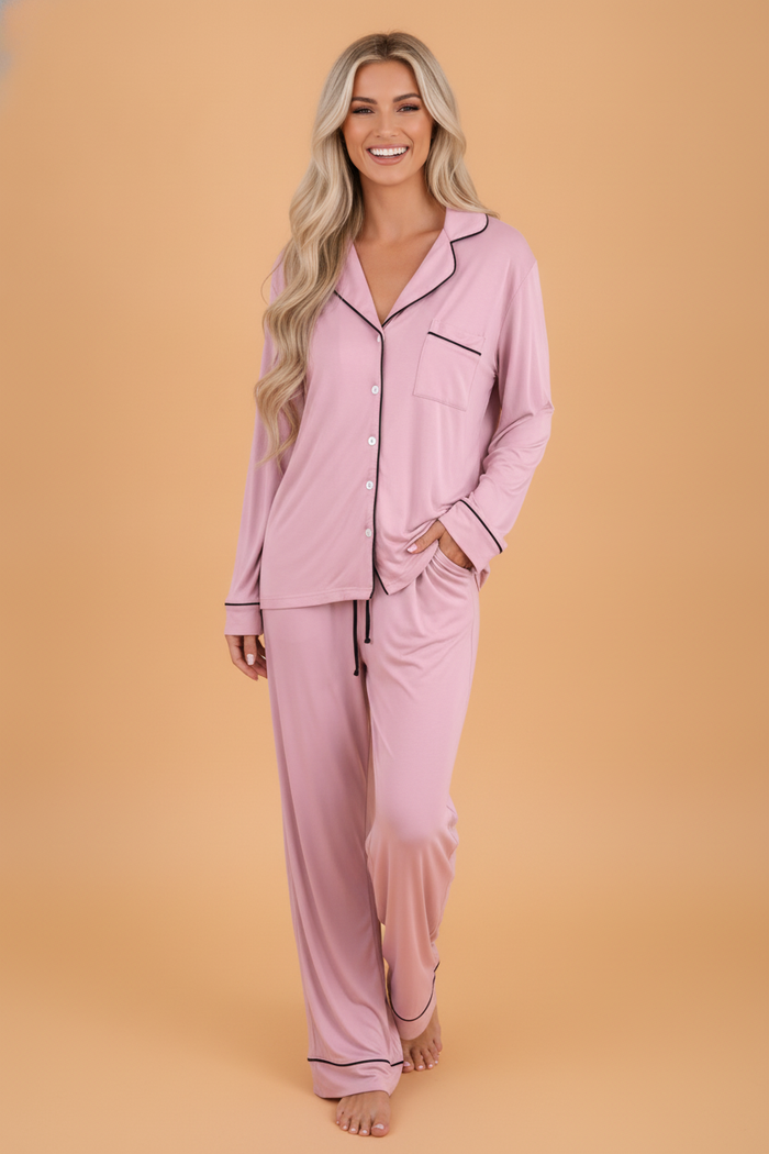 Contrast Trim Long Sleeve Top & Pants Pajama Set