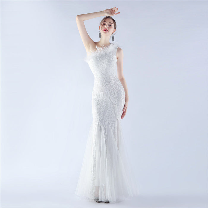 Craft Order Ostrich Feather Mesh Stitching Sequin High End Evening Dress