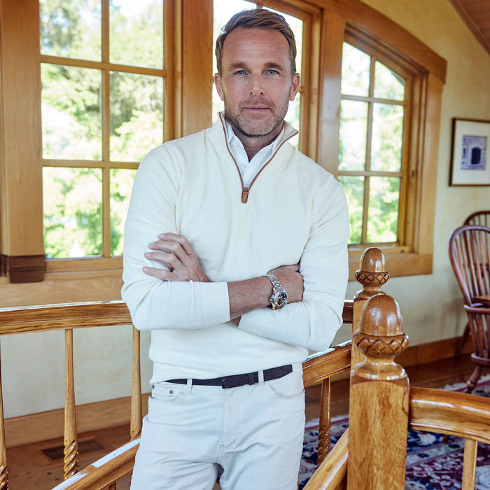 Cream with Brown Suede Trim Luxury Touch Cotton and Cashmere Quarter Zip Sweater