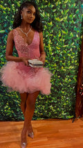 Cute V Neck Pink Short Homecoming Dress and Bottom Tulle Ruffles Pink Birthday Outfit Dress Y762