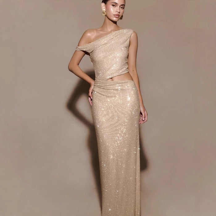 Cutout Rhinestone Halter Slit Prom Dress