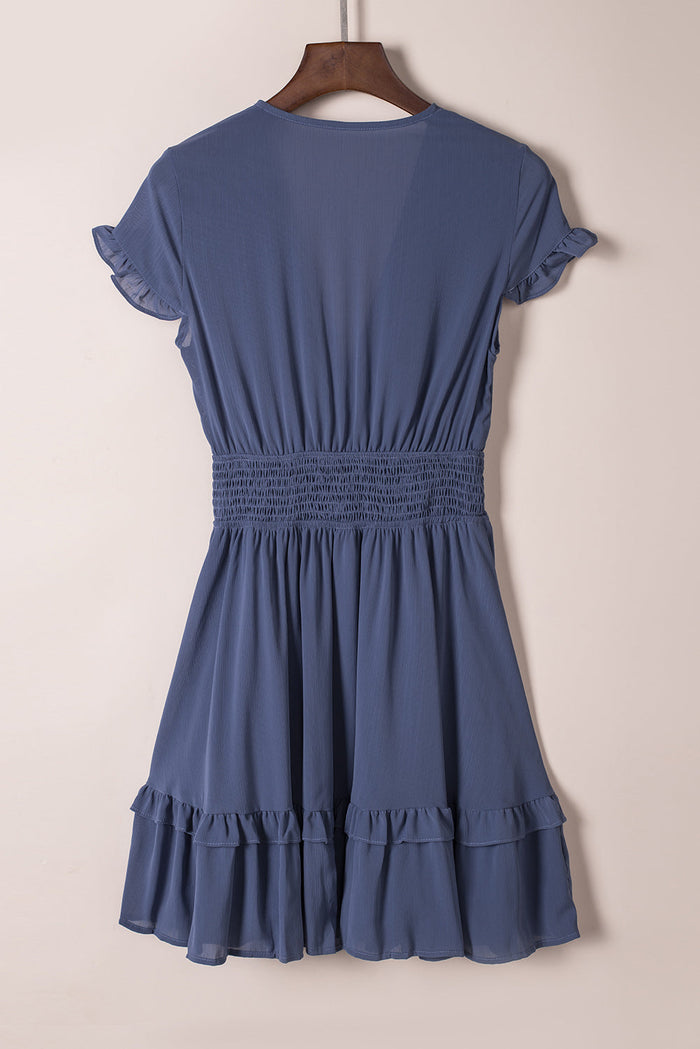 Deep V-Neck Knotted Front Layered Flare Mini Dress