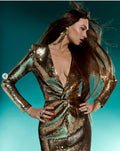 Deep V Sequin Long Sleeve Bodycon Prom Dress