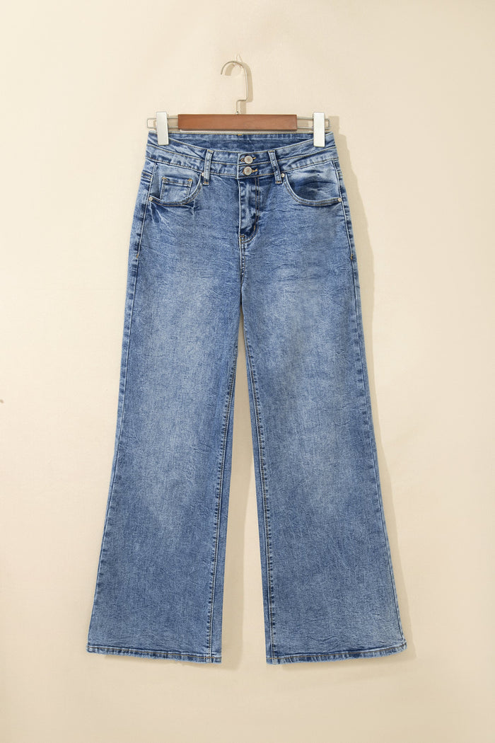 Denim Acid Wash Pockets Flare Jeans