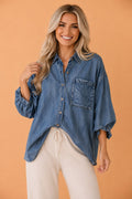 Denim Chest Pocket 3/4 Sleeve Loose Buttoned Shirt
