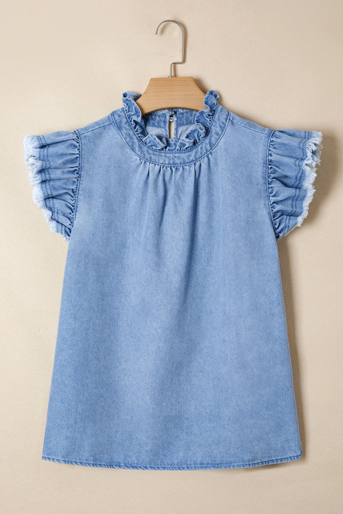 Denim Frilled Collar Flutter Sleeve Top