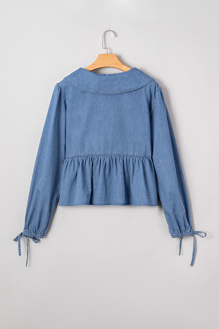 Denim Lapel Collar Balloon Sleeve Peplum Top