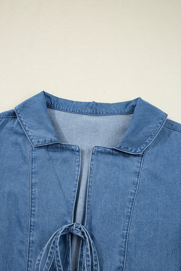 Denim Lapel Collar Balloon Sleeve Peplum Top