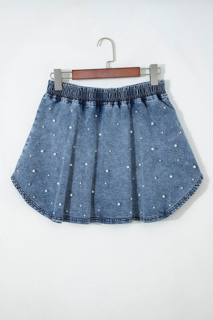 Denim Pearl Embellish Elastic Waist Mini Skort