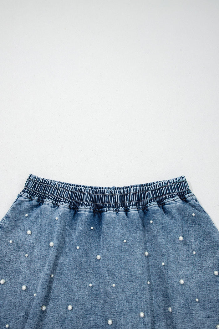 Denim Pearl Embellish Elastic Waist Mini Skort