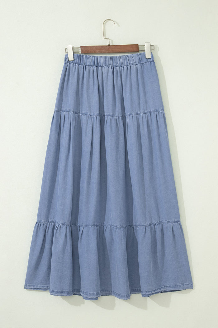 Denim Ruffle Tiered Flared Maxi Skirt