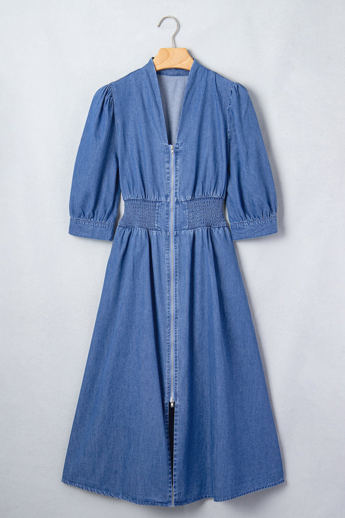 Denim Shirred Waist Zip-Up V-Neck Midi Dress