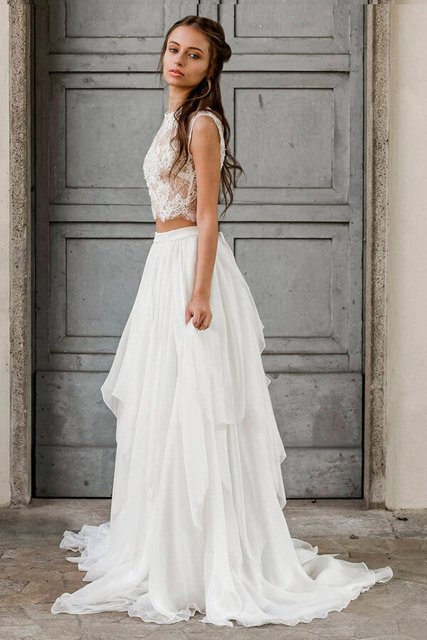 Elegant Long Two Piece A-line Lace Chiffon Wedding Dress